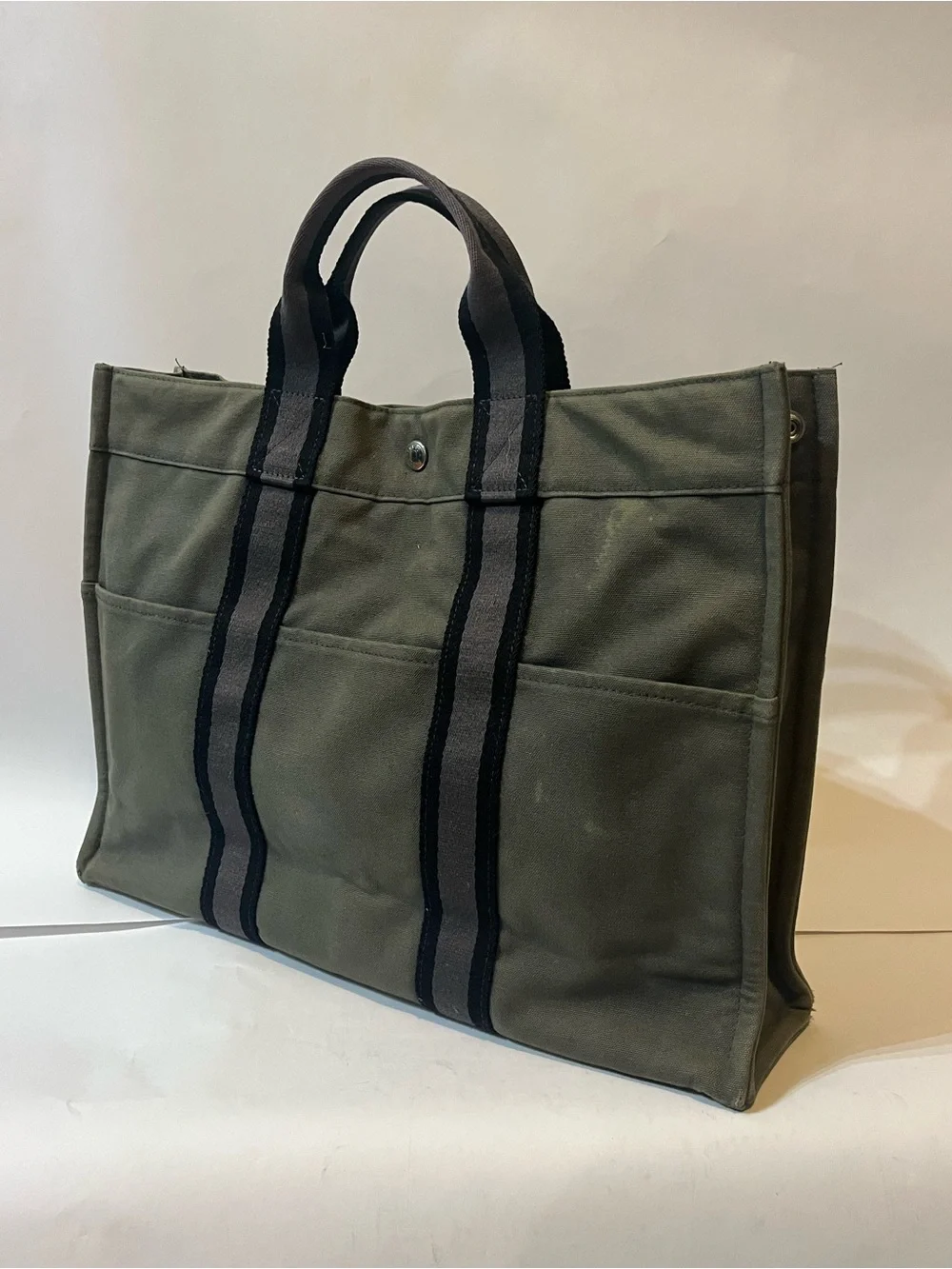 Authentic HERMÈS Fourre Tout MM Canvas Tote | Khaki + Black Stripe | Made in 🇫🇷